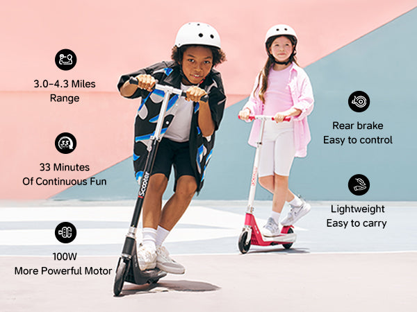 Key features of iScooter IK1S kids' electric scooter include extended battery life, powerful 100W motor, reliable rear braking system and lightweight construction for easy handling