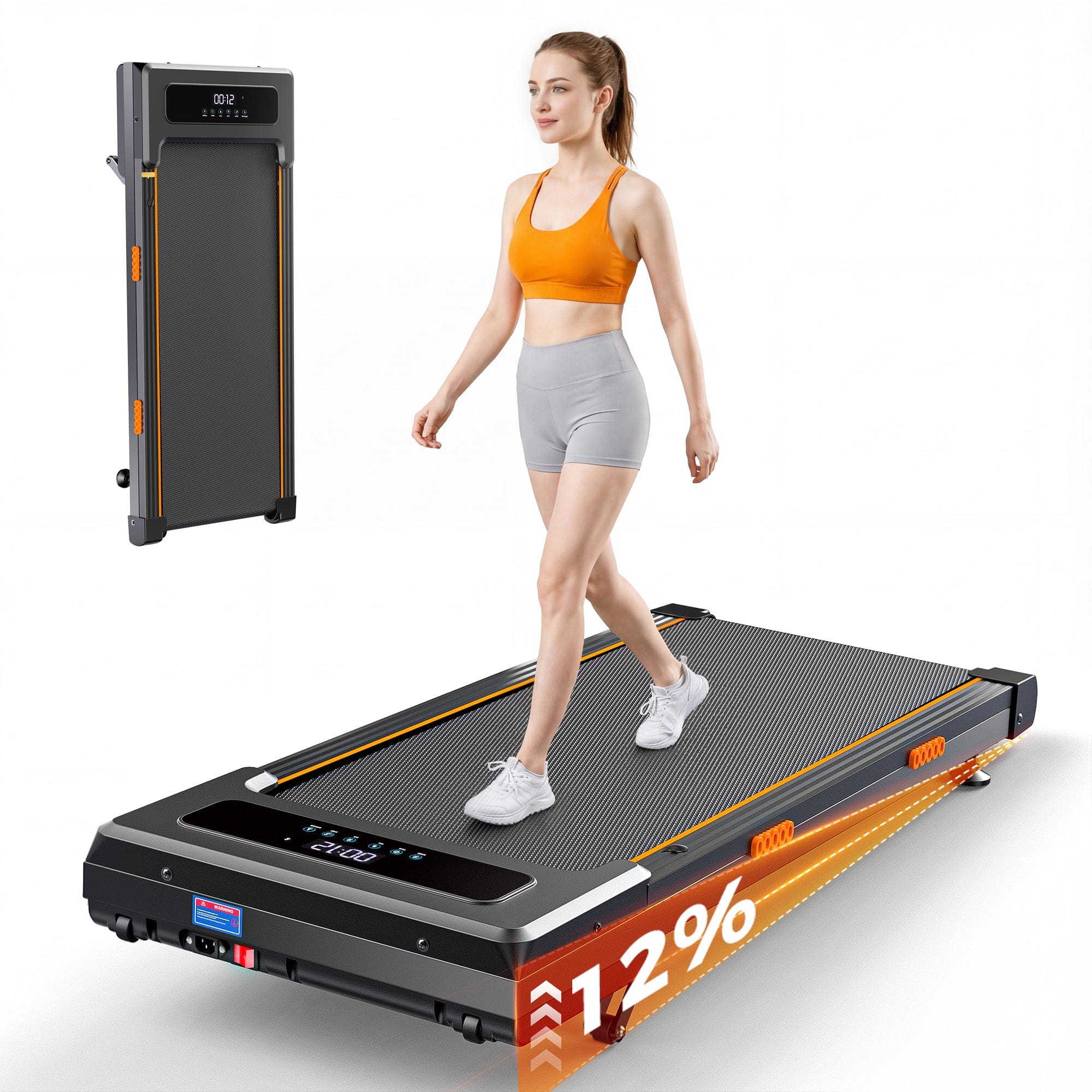 A woman in an orange sports bra and gray shorts walks on a sleek, modern treadmill with a digital display. The treadmill is showcased at a 12% incline, and a folded version is shown in the background, highlighting its compact design.