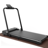 A sleek black treadmill JT51 with a digital display and a sturdy frame, set on a brown mat, featuring an adjustable tablet holder at the top.