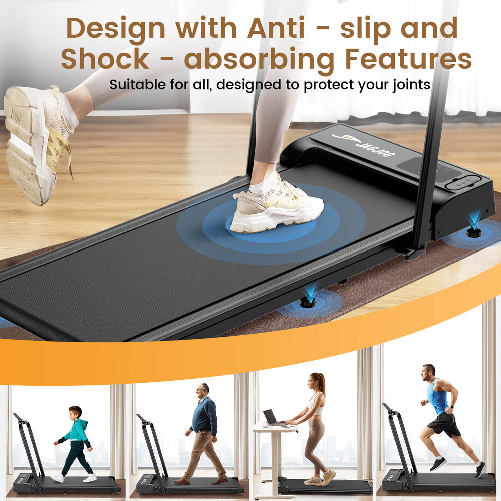 Folded JT51 walking pad stored under sofa, compact for small spaces