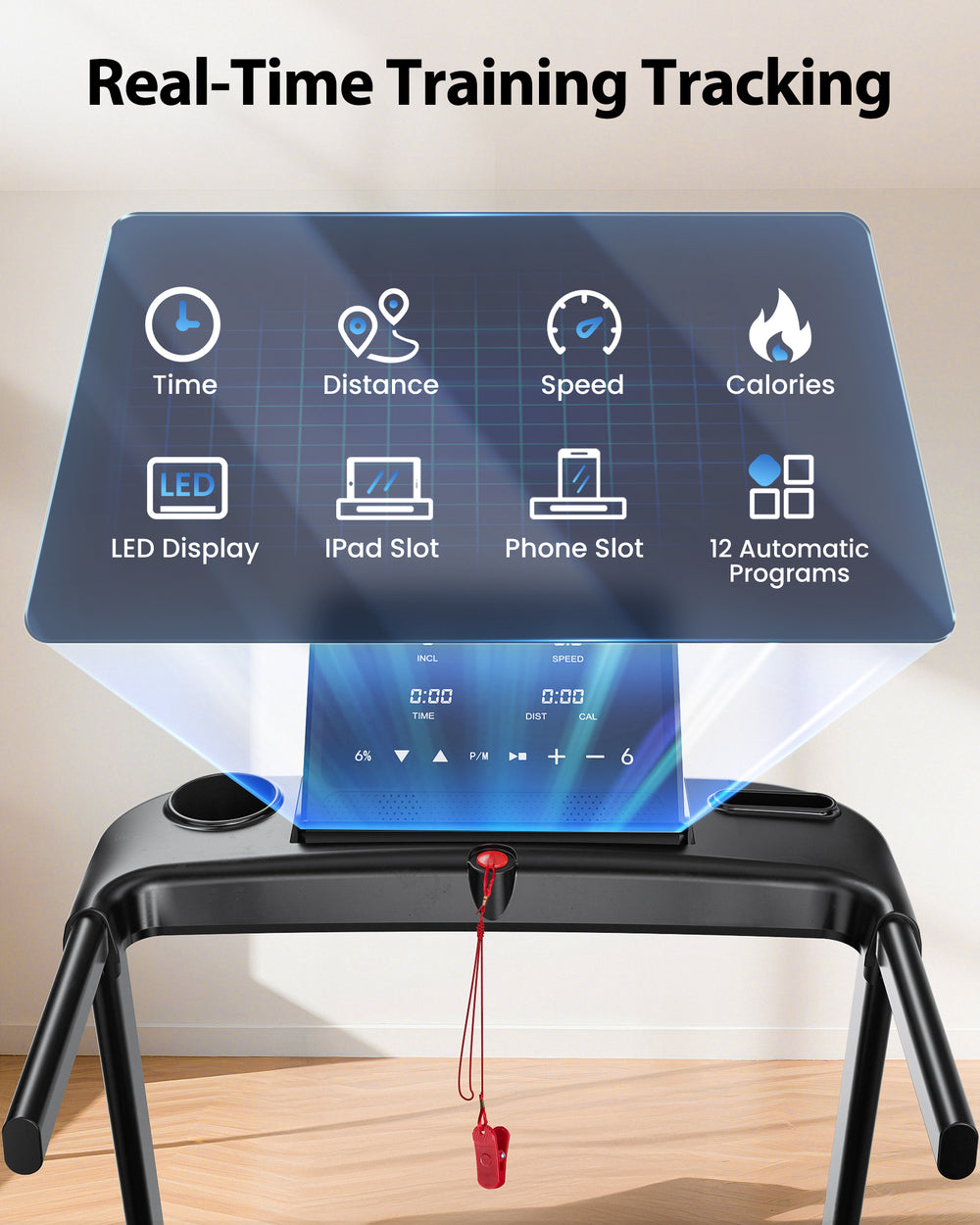 A JT61 treadmill display showcasing real-time training tracking features like time, distance, speed, and calories. It highlights an LED display, slots for an iPad and phone, and 12 automatic programs. The treadmill has a sleek black design with a red safety clip hanging from the console.