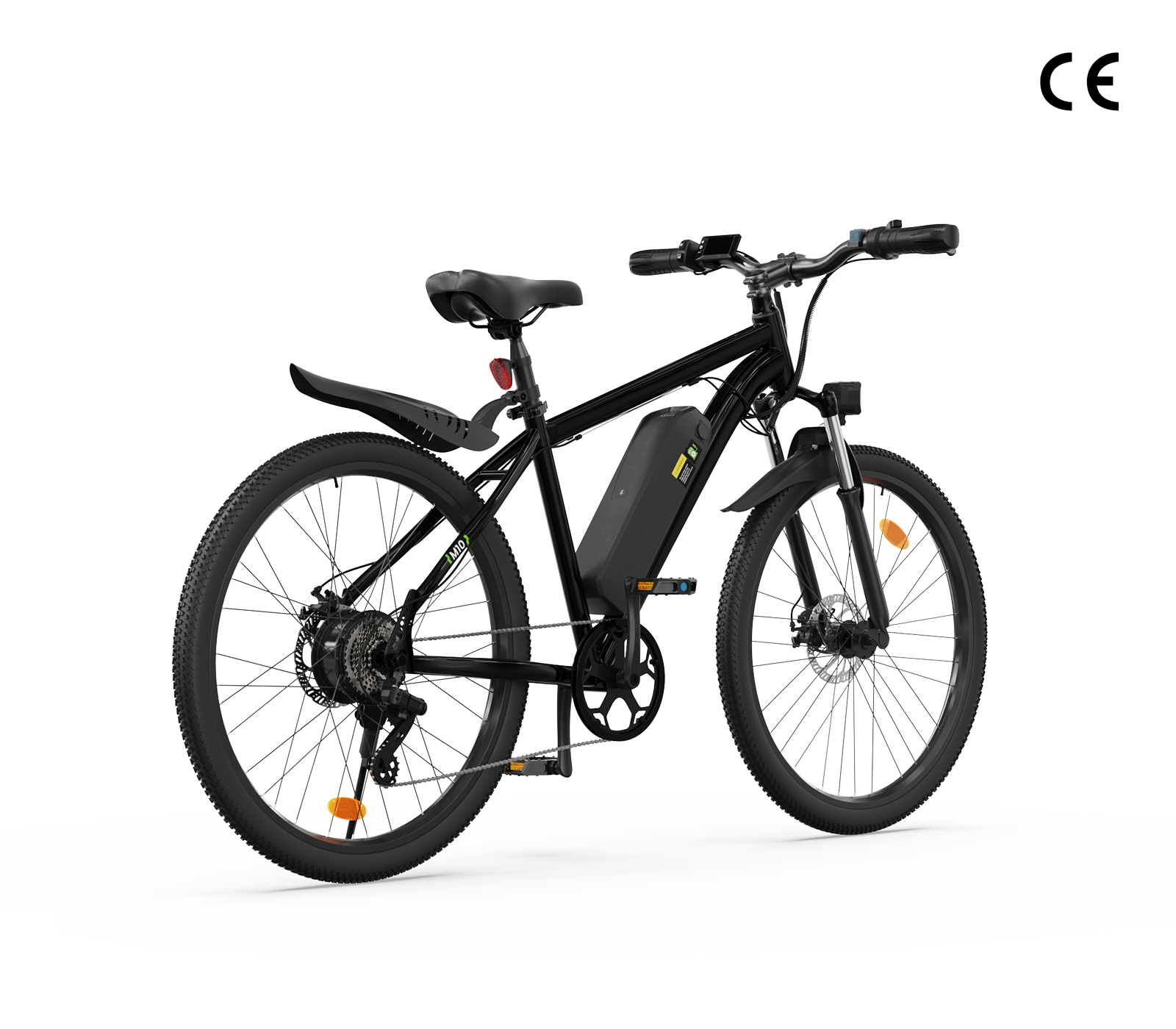 A sleek black electric bicycle M10 with a sturdy frame is shown, featuring a prominent battery mounted on the lower bar. The bike has front and rear fenders, a comfortable saddle, and large wheels with reflective strips.