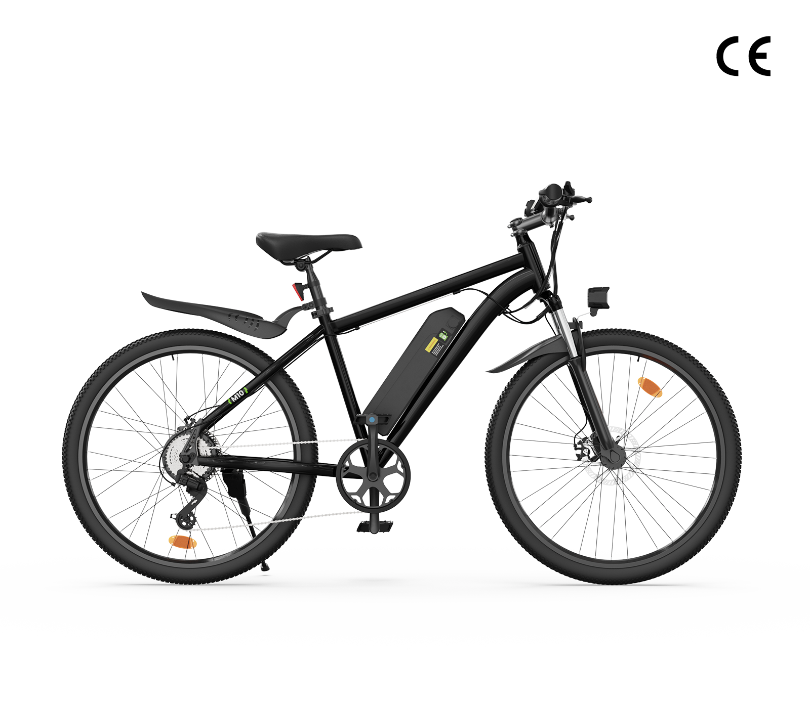 A sleek black electric bike M10 with a sturdy frame, featuring a central battery pack, disc brakes, and large wheels with reflective strips, set against a plain white background.