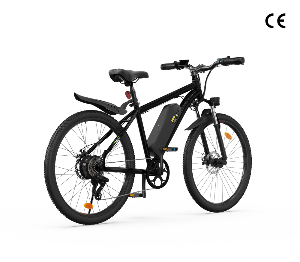 A sleek black electric bicycle M10 with a sturdy frame is shown, featuring a prominent battery mounted on the lower bar. The bike has front and rear fenders, a comfortable saddle, and large wheels with reflective strips.
