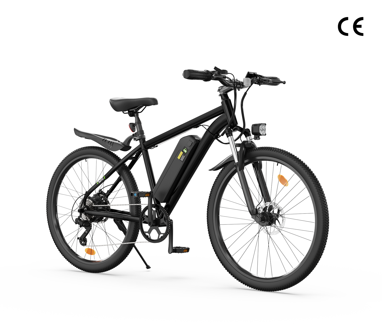 A sleek black electric bicycle M10 featuring a sturdy frame, a mounted battery on the downtube, and disc brakes on both wheels, is displayed against a plain white background.