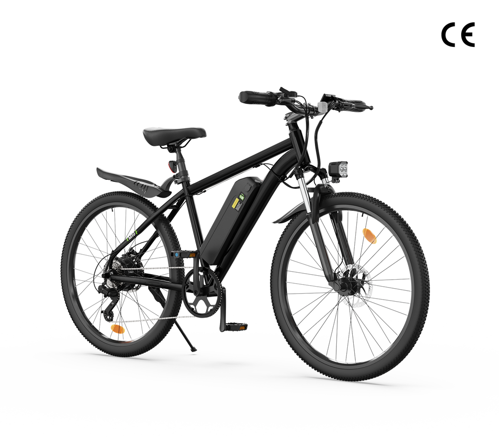 A sleek black electric bicycle M10 featuring a sturdy frame, a mounted battery on the downtube, and disc brakes on both wheels, is displayed against a plain white background.