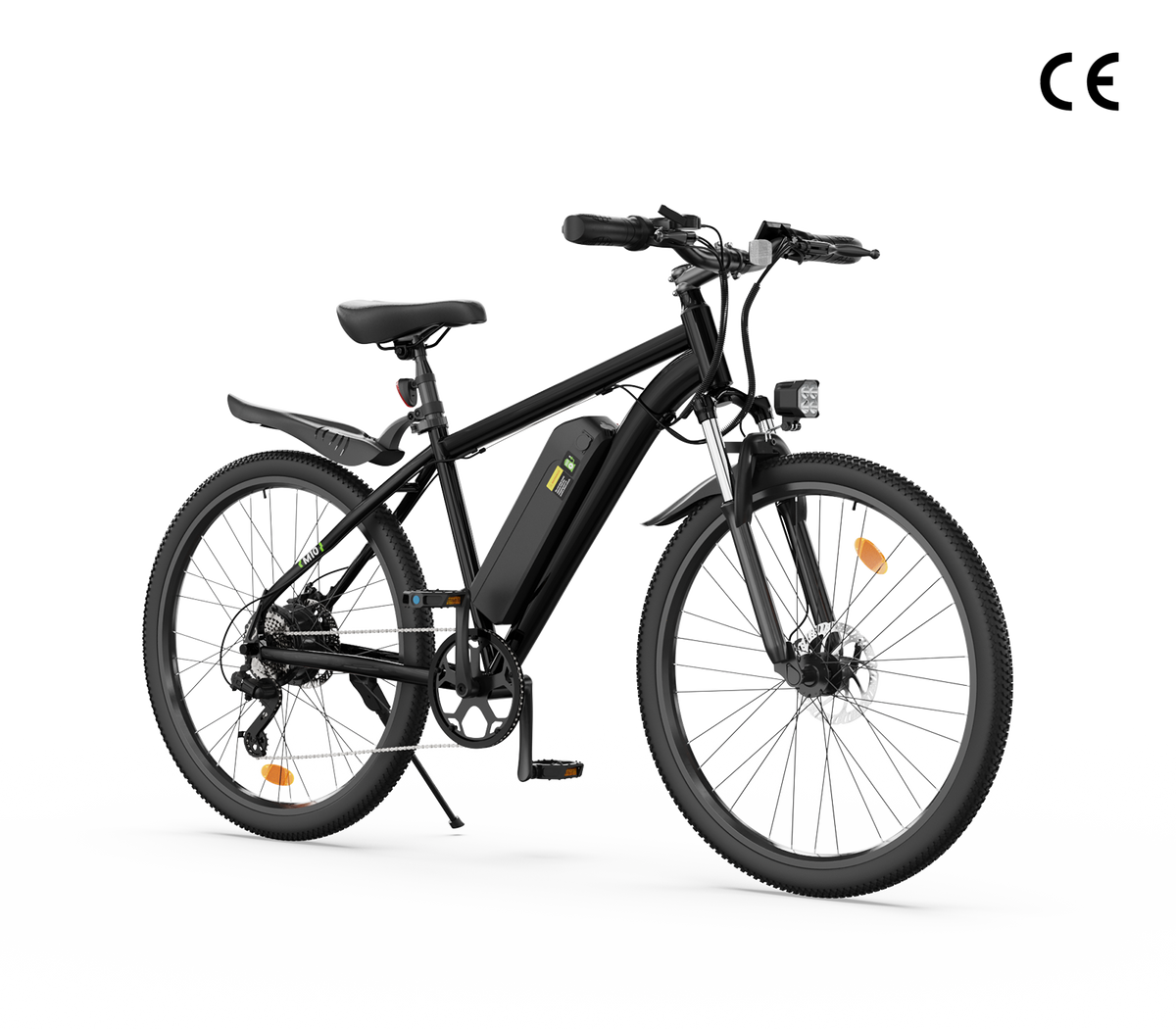 A sleek black electric bicycle M10 featuring a sturdy frame, a mounted battery on the downtube, and disc brakes on both wheels, is displayed against a plain white background.