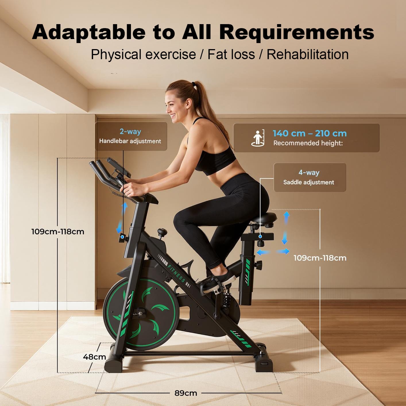 A woman in athletic wear exercises on a stationary bike in a well-lit room, showcasing its adjustable features. The bike has a sleek black design with green accents, and measurements indicate adjustable handlebars and saddle height, emphasizing its adaptability for users between 140 cm to 210 cm tall.