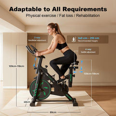 A woman in athletic wear exercises on a stationary bike in a well-lit room, showcasing its adjustable features. The bike has a sleek black design with green accents, and measurements indicate adjustable handlebars and saddle height, emphasizing its adaptability for users between 140 cm to 210 cm tall.