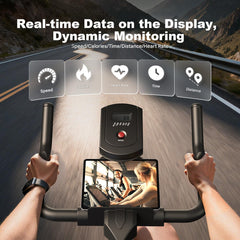 A person is using an exercise bike with a digital display showing real-time data such as speed, calories, heart rate, time, and distance. The handlebars are visible, and a smartwatch is worn on the left wrist. A screen on the bike displays a video of two women exercising in a gym. The background simulates a road with mountains, enhancing the biking experience.