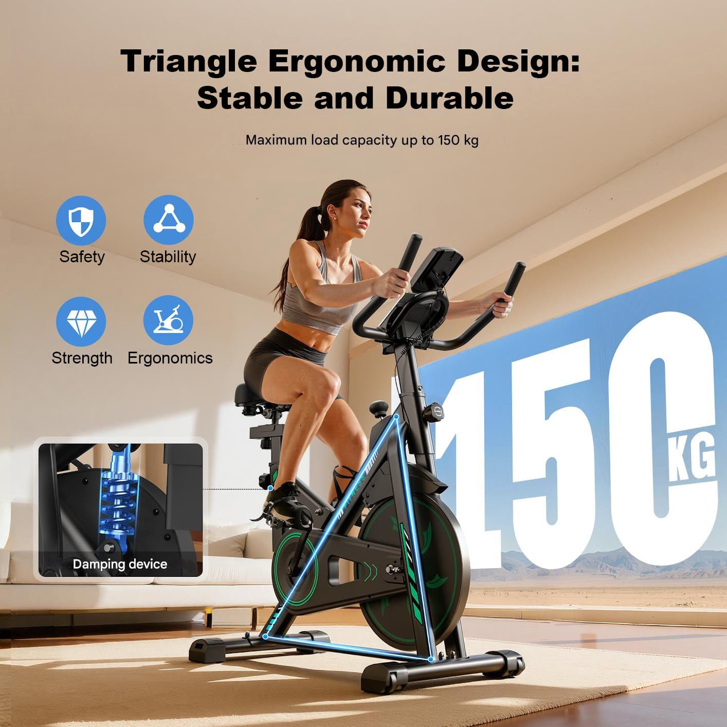 A woman exercises on a stationary bike with a sleek, modern design in a bright room. The bike features a triangle ergonomic design, emphasizing stability and durability, with a maximum load capacity of 150 kg. Icons highlight safety, stability, strength, and ergonomics, and a close-up shows the damping device.