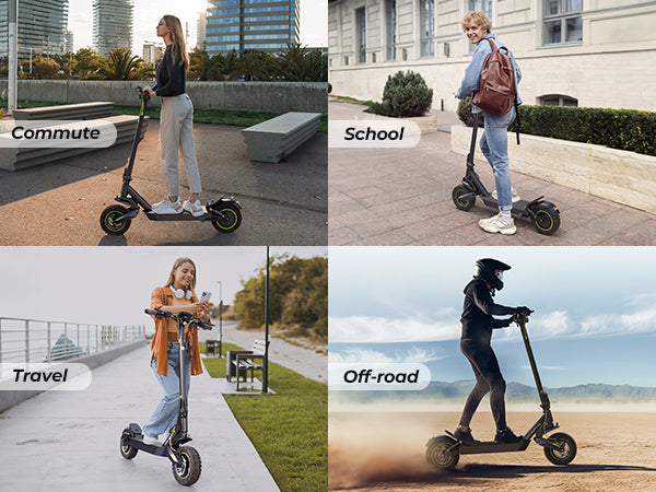 The isinwheel S10MAX electric scooter handles diverse terrains - from city commutes and campus pathways to hiking trails and off-road adventures - showcasing its 1000W power, 10-inch tires and all-terrain capability.