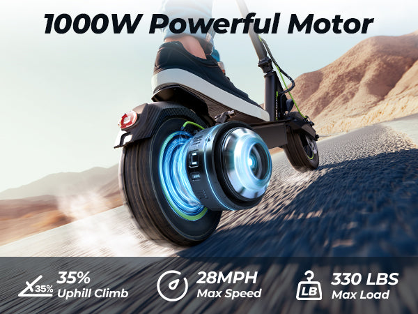 The isinwheel S10MAX electric scooter delivers 1000W power for 28mph speed and 35° hill climbs.