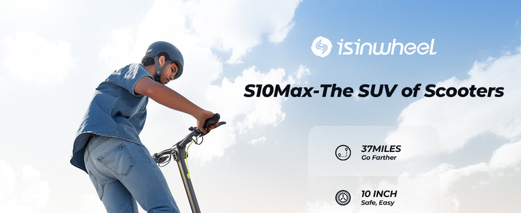 A person riding a scooter with isinwheel S10MAX and product details on a blue sky background