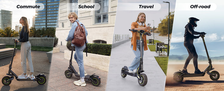 Four scenarios showing people using isinwheel S10MAX electric scooters for commuting, school, travel, and off-road.