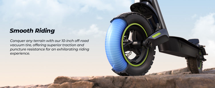 10-inch off-road pneumatic tyres on the isinwheel S10MAX, providing grip and stability on various surfaces.