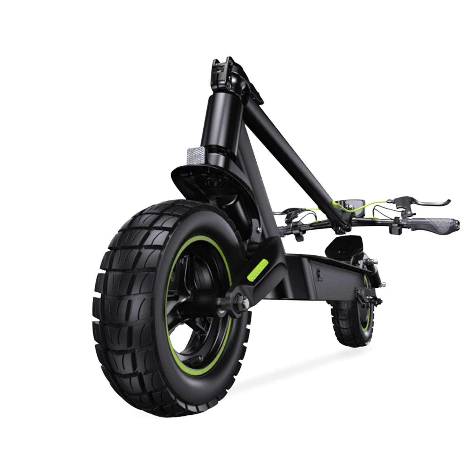 A folded state sleek black electric scooter S10Max with thick tires and green accents is shown from a low angle, highlighting its sturdy frame and handlebars.