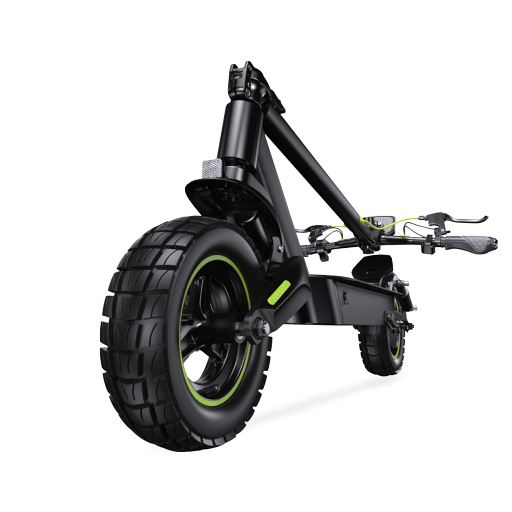 A folded state sleek black electric scooter S10Max with thick tires and green accents is shown from a low angle, highlighting its sturdy frame and handlebars.
