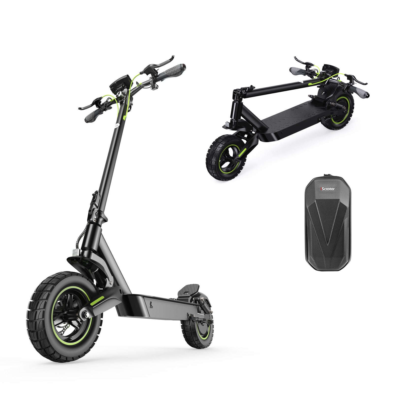 A sleek black electric scooter S10max with green accents is shown in two positions: upright and folded. The scooter features thick tires and ergonomic handlebars. Nearby, a black storage bag is displayed.