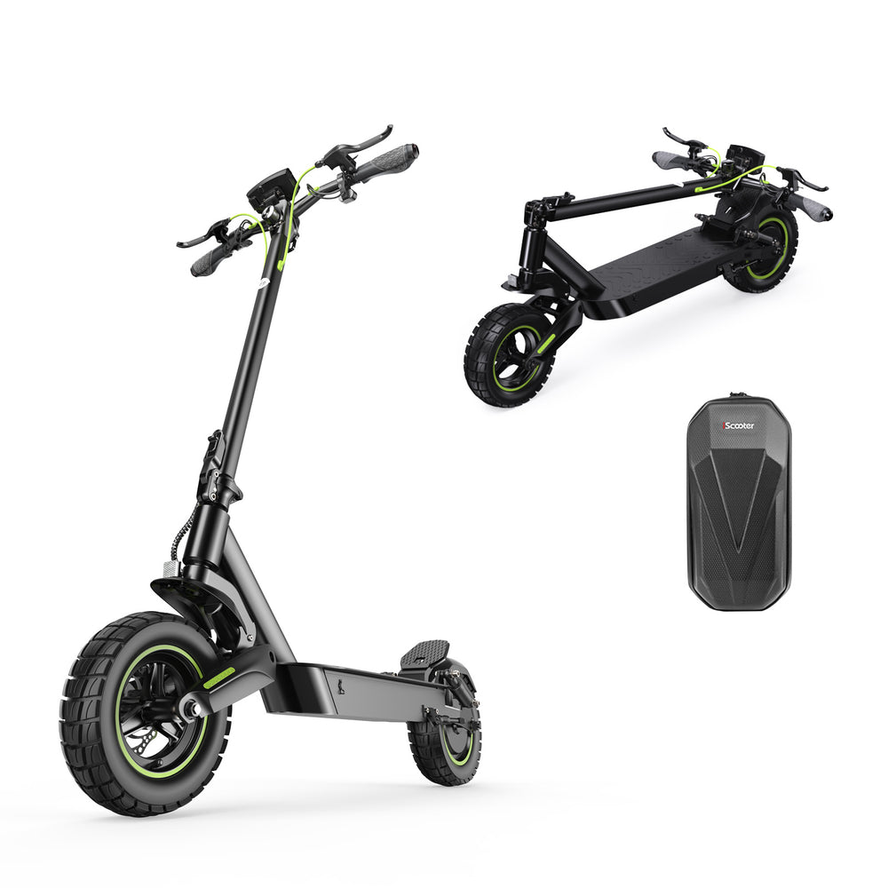 A sleek black electric scooter S10max with green accents is shown in two positions: upright and folded. The scooter features thick tires and ergonomic handlebars. Nearby, a black storage bag is displayed.