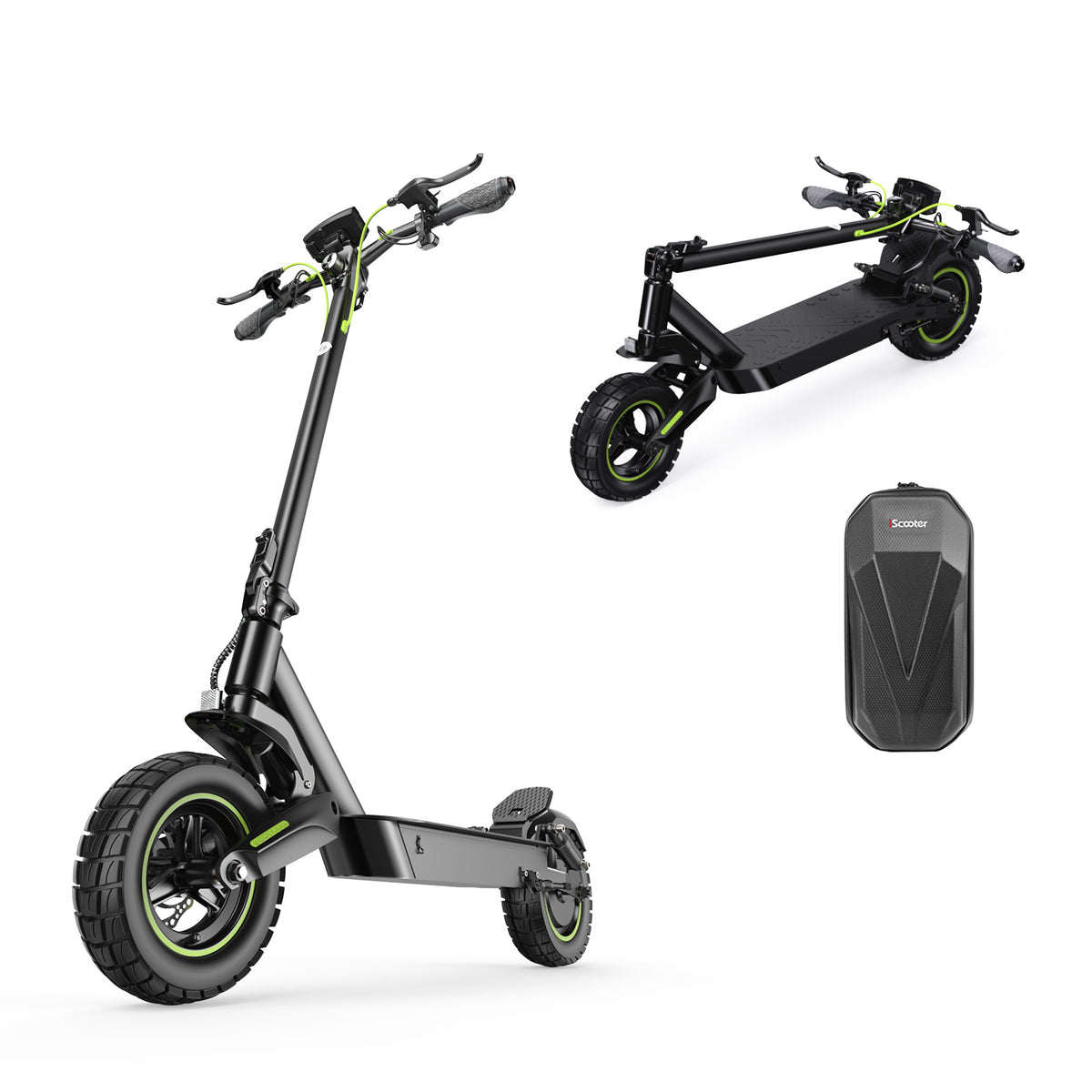 A sleek black electric scooter S10max with green accents is shown in two positions: upright and folded. The scooter features thick tires and ergonomic handlebars. Nearby, a black storage bag is displayed.