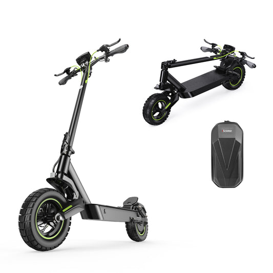 A sleek black electric scooter S10max with green accents is shown in two positions: upright and folded. The scooter features thick tires and ergonomic handlebars. Nearby, a black storage bag is displayed. 1600