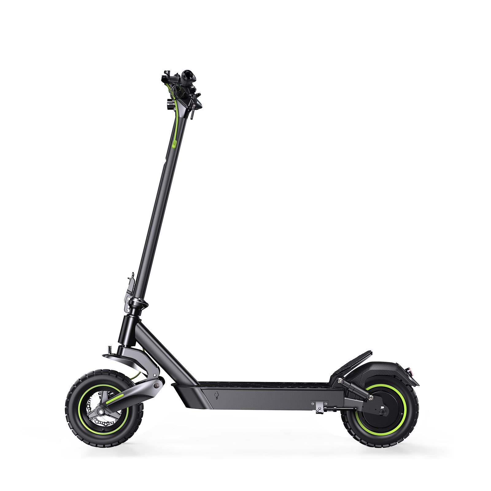 A side sleek black electric scooter S10max with green-accented wheels, featuring a sturdy frame and a tall handlebar, is shown against a plain white background.
