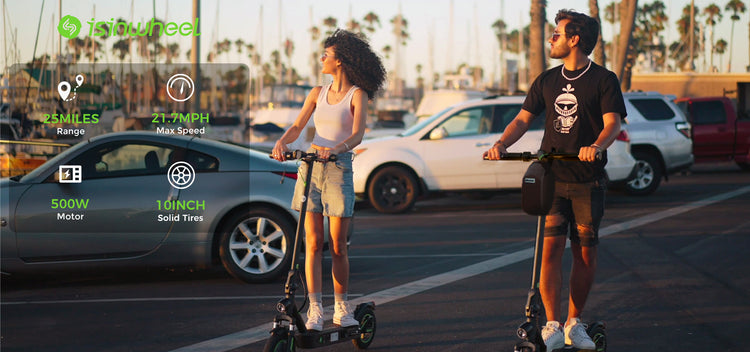 A comprehensive features collage of the isinwheel S9MAX electric scooter, highlighting the 500W motor, 40 km long-range battery, 21 mph max speed, and 10-inch solid tyre for a superior urban commuting experience.