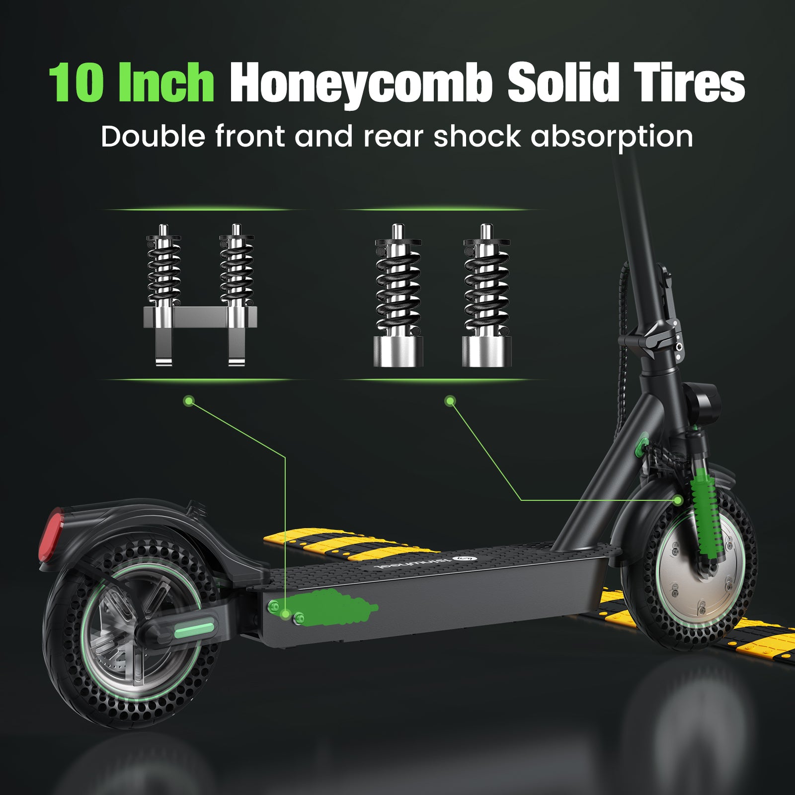 The isinwheel S9Max electric scooter is fitted with 10-inch honeycomb solid tyres and double front and rear shock absorption, ensuring a smooth ride on uneven roads.