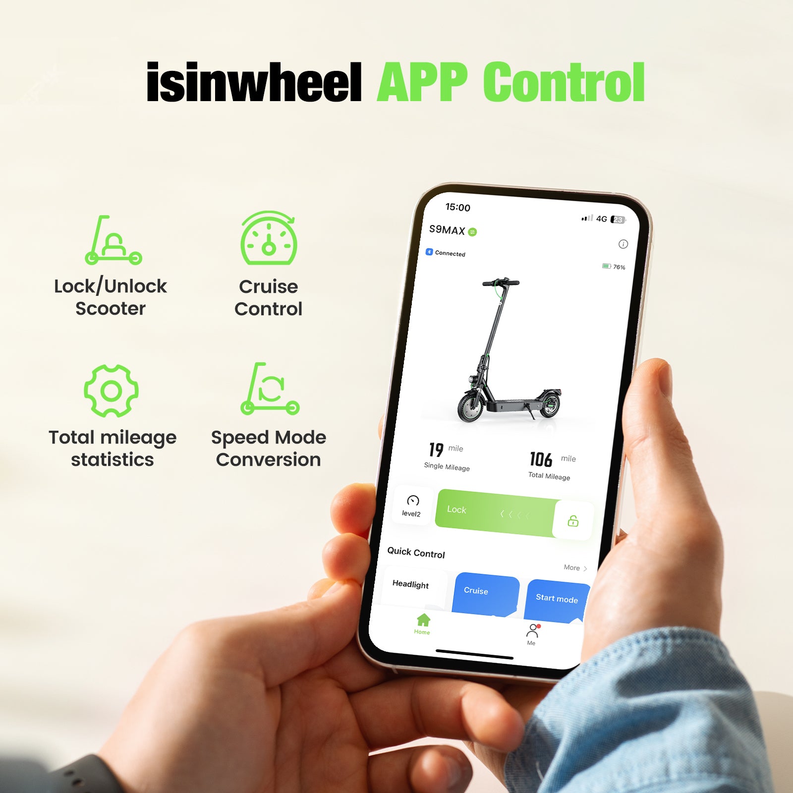 The isinwheel S9Max electric scooter supports smart app control, enabling features like lock/unlock, cruise control, total mileage statistics, and speed mode conversion via a smartphone.