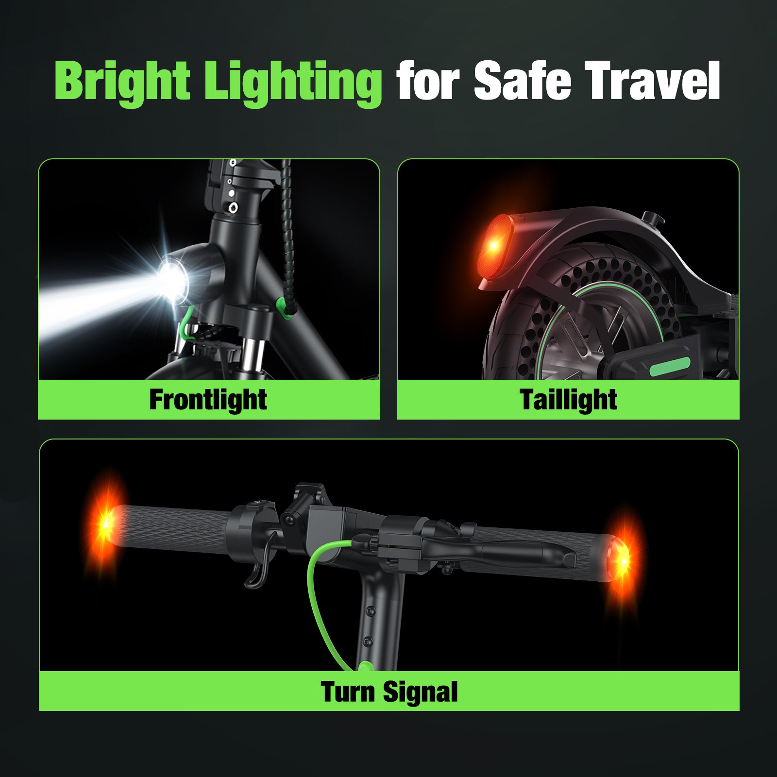 The isinwheel S9Max electric scooter offers bright lighting for safe travel, including a front light, taillight, and turn signals to enhance visibility during rides.