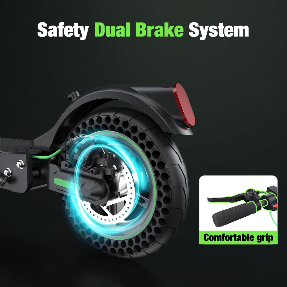 The isinwheel S9Max electric scooter features a safety dual brake system with a comfortable grip, ensuring secure stopping power for urban commuting.
