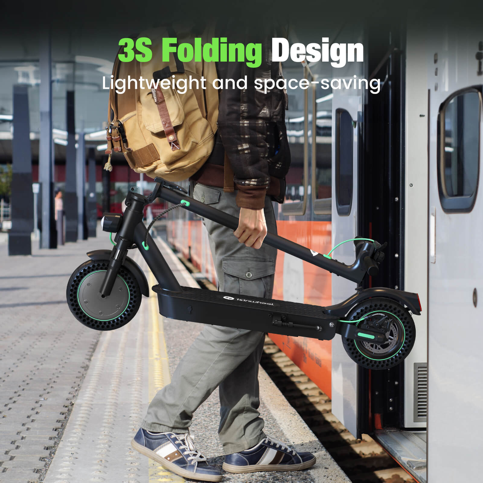 The isinwheel S9Max electric scooter has a 3-second folding design, making it lightweight and space-saving for convenient transport in urban environments like train stations.