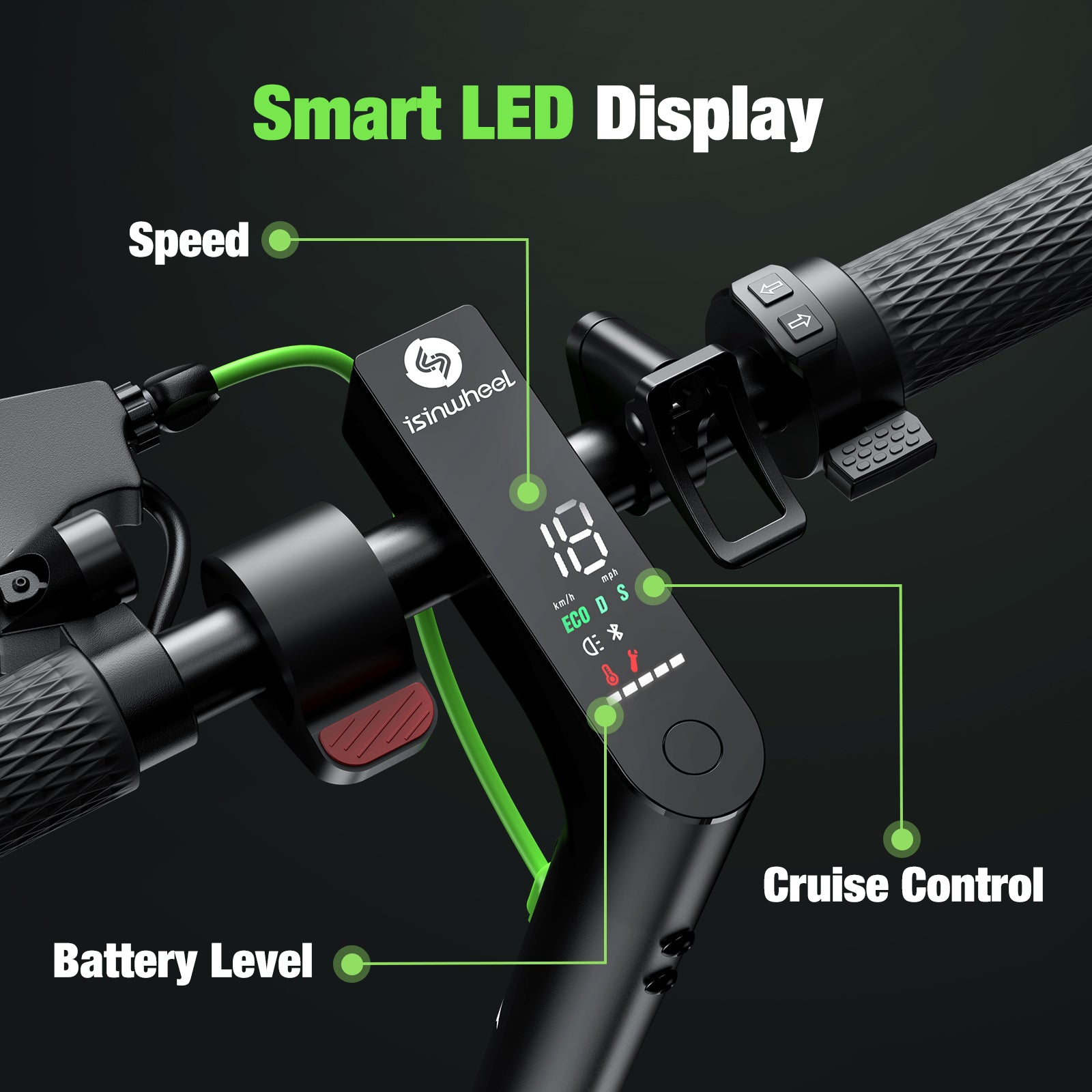 The isinwheel S9Max electric scooter comes with a smart LED display that shows speed, battery level, and cruise control settings for easy riding management.