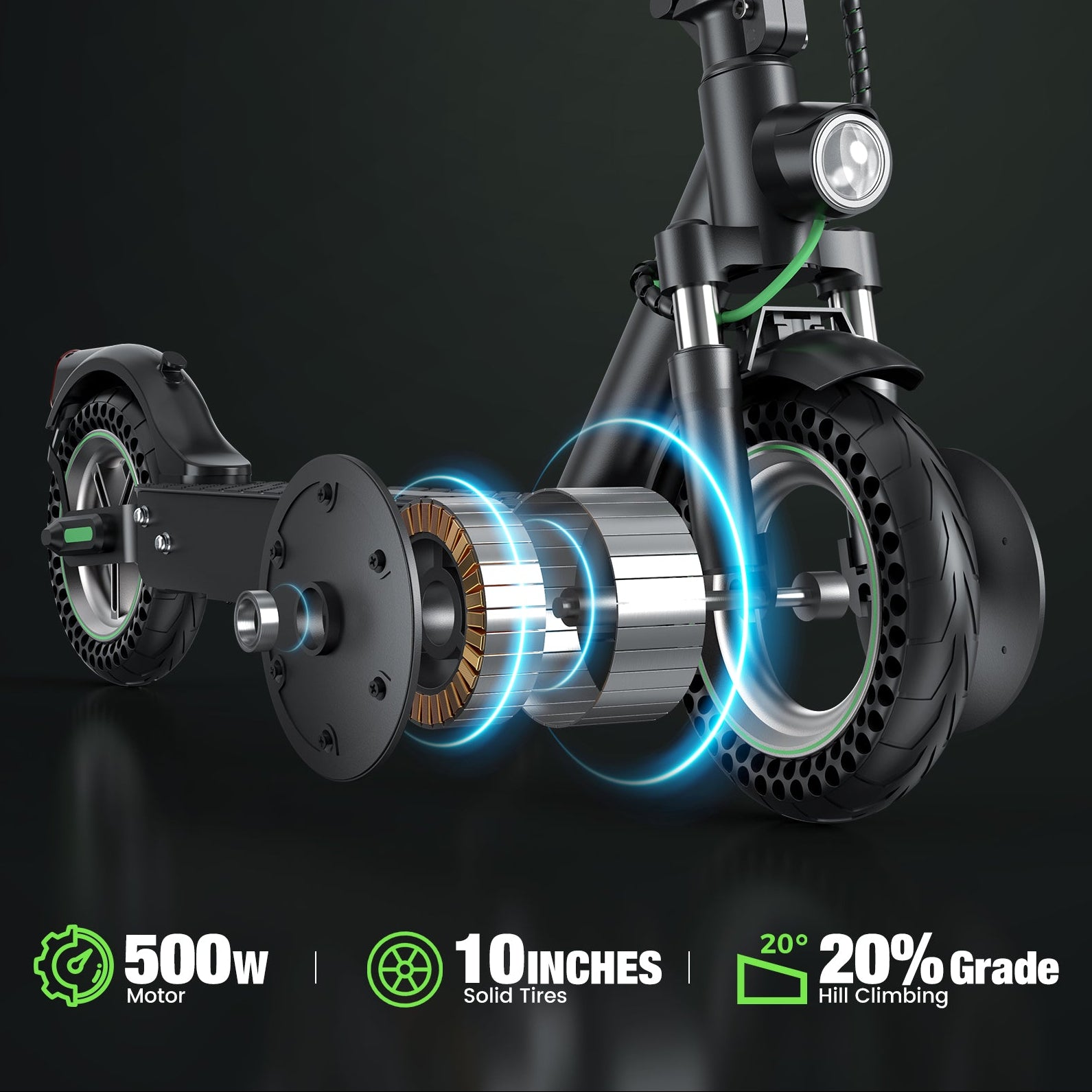 The isinwheel S9Max electric scooter is equipped with a 500W motor and 10-inch solid tyres and can handle a 20% hill climbing grade, delivering powerful performance for various terrains.