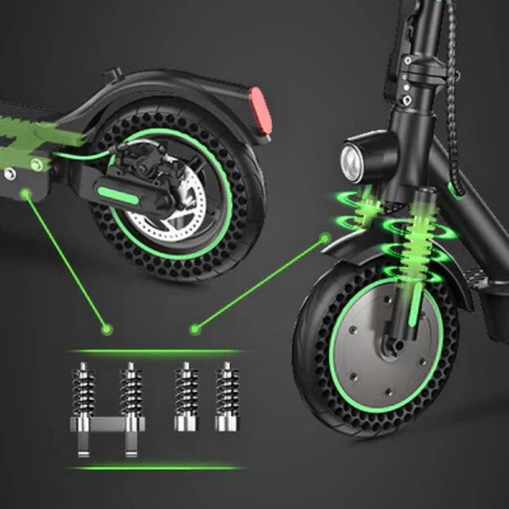The isinwheel S9Max electric scooter is equipped with front and rear dual suspension systems, featuring dedicated shock absorbers to deliver a smooth and comfortable riding experience for urban commuting.