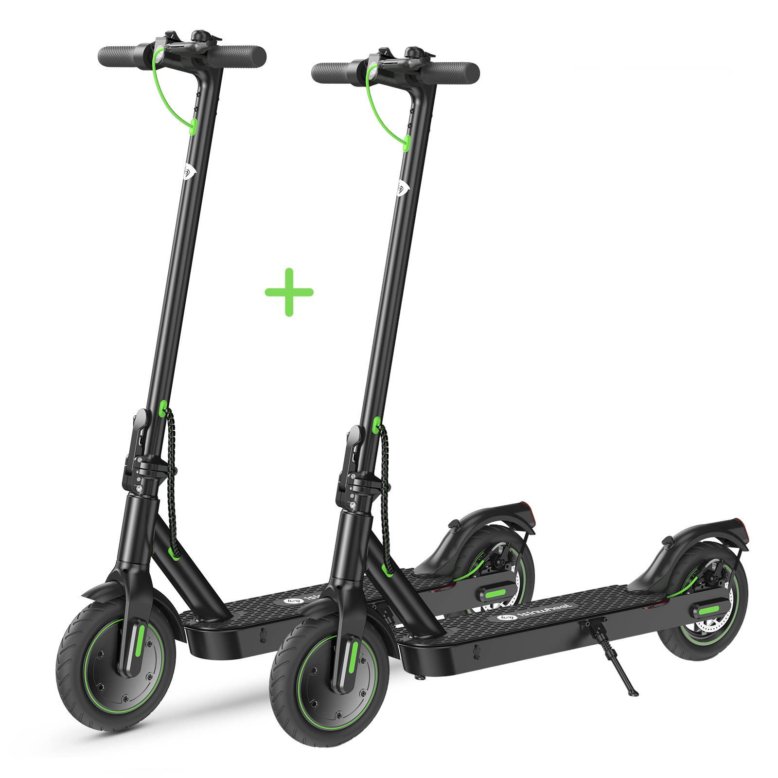 Two black electric scooters with green accents on a white background
