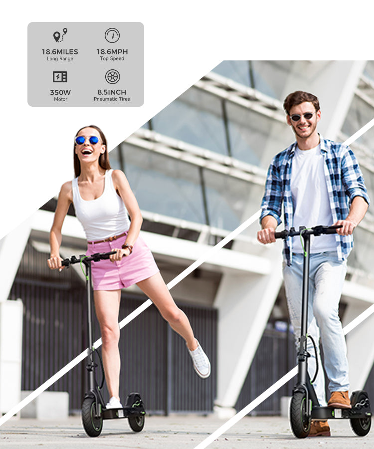 Performance highlights of the isinwheel S9PRO e-scooter: 350W motor power, 18.9mph top speed, and 18-mile range.