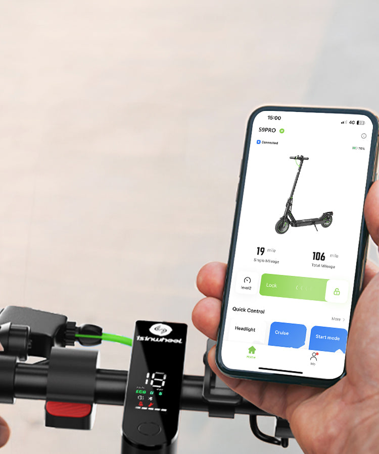 isinwheel S9PRO electric scooter connected to a smartphone app for locking and tuning
