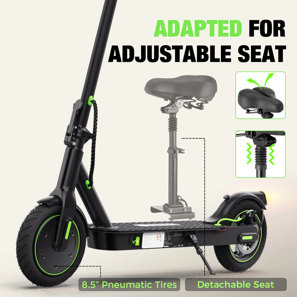 Electric scooter with adjustable seat feature on a light gray background