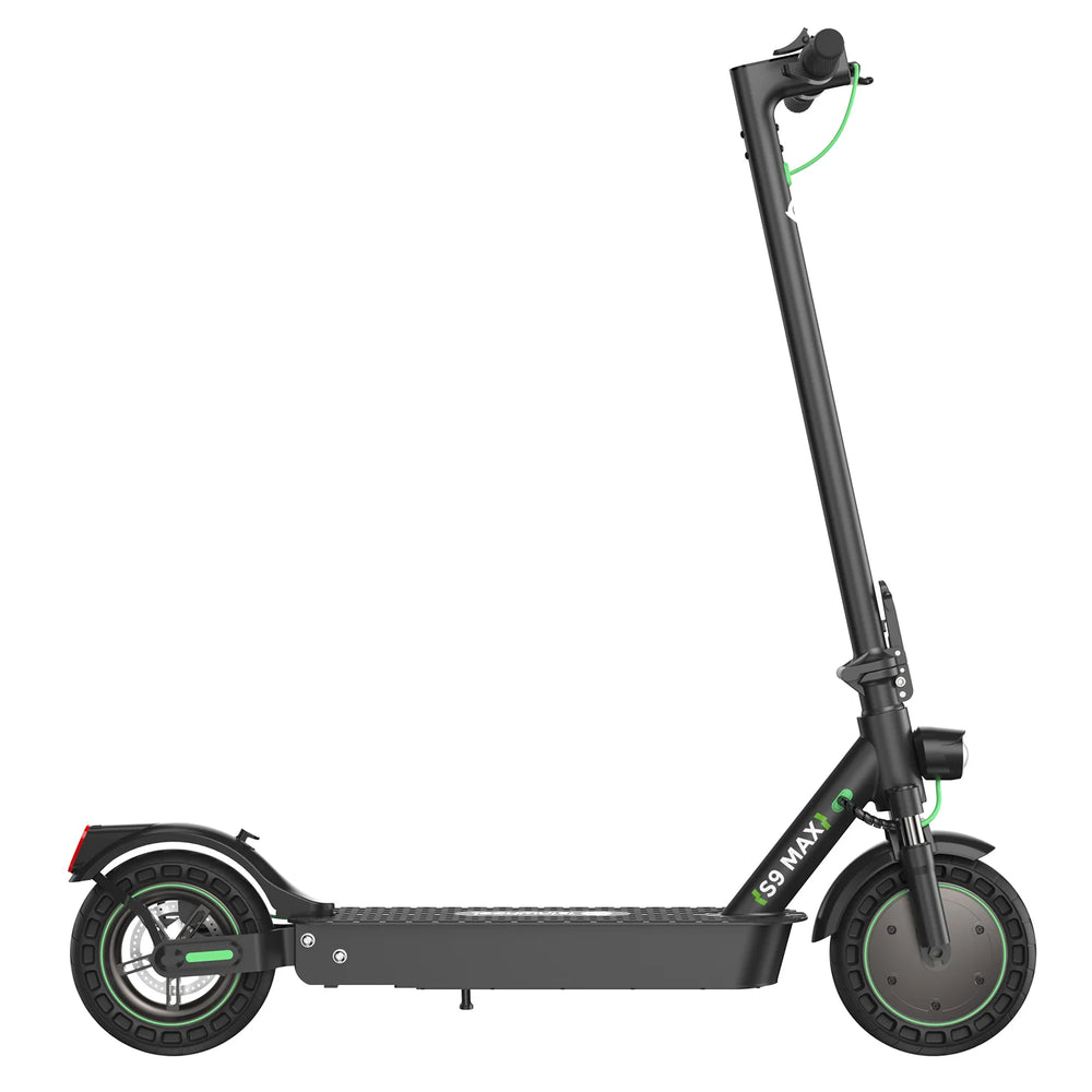 Black electric scooter with green accents on a white background