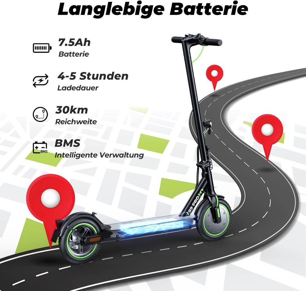 Electric Scooter S9 Pro with 7.5Ah long-lasting battery, 30KM range, 4-5 hours charging time, and BMS smart management system.