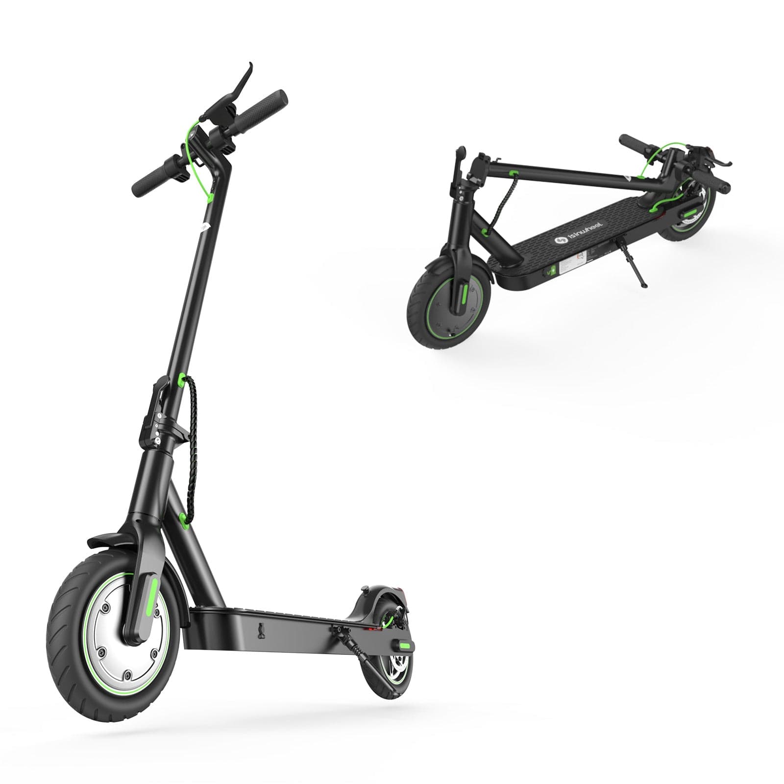 A sleek black electric scooter S9pro with green accents is shown in two positions: one standing upright and the other folded. The scooter features large wheels and a sturdy deck, highlighting its modern design.