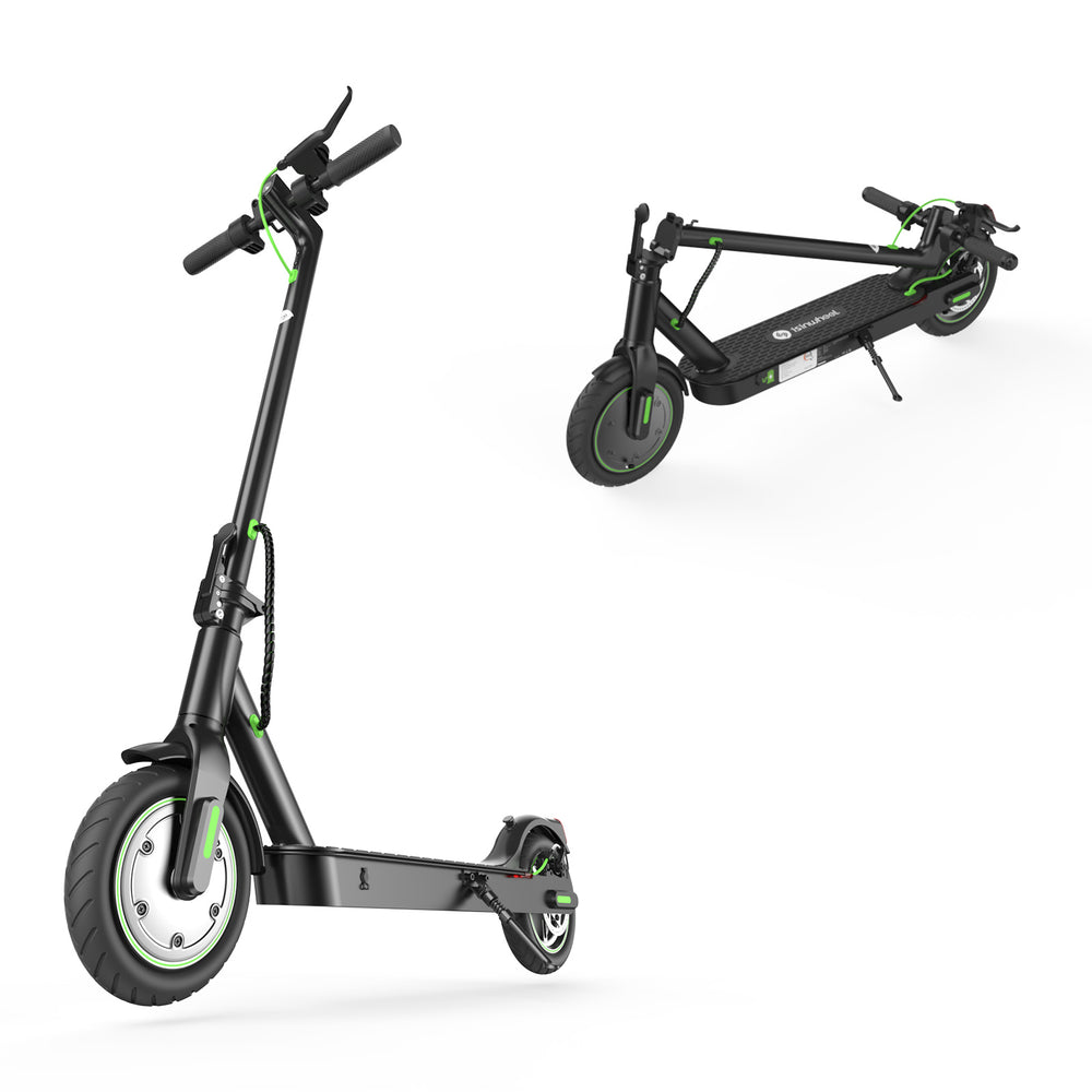A sleek black electric scooter S9pro with green accents is shown in two positions: one standing upright and the other folded. The scooter features large wheels and a sturdy deck, highlighting its modern design.