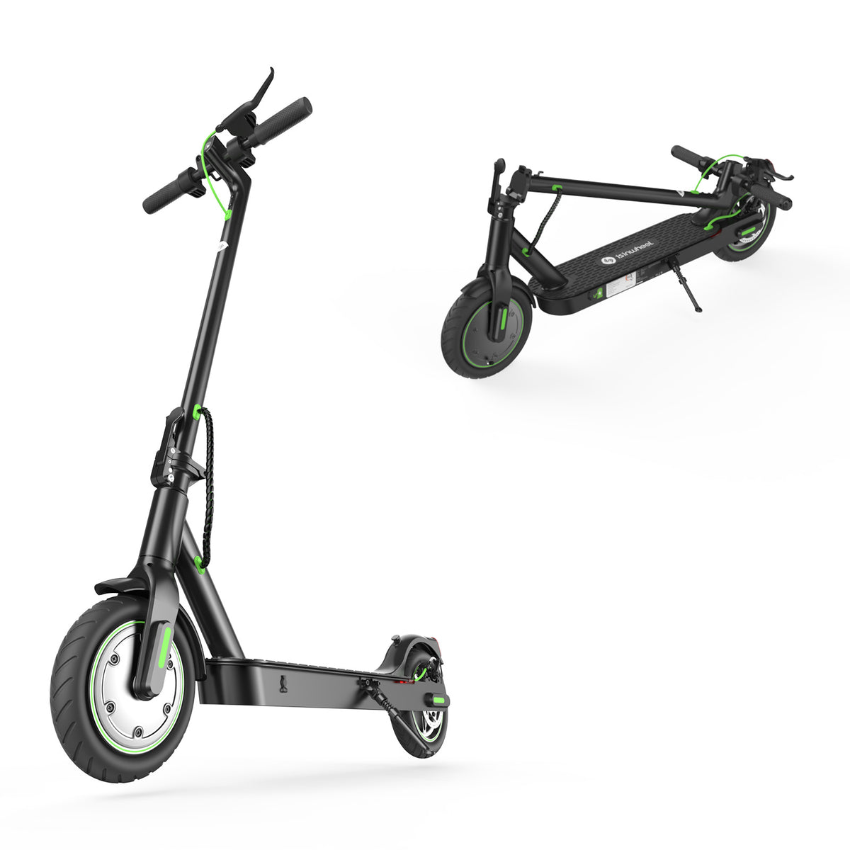 A sleek black electric scooter S9pro with green accents is shown in two positions: one standing upright and the other folded. The scooter features large wheels and a sturdy deck, highlighting its modern design.