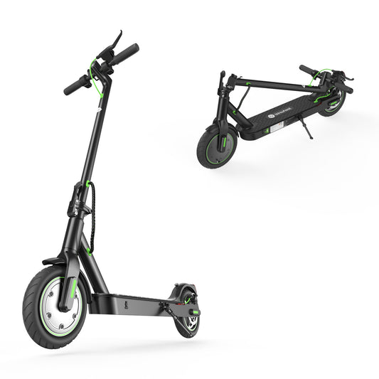 A sleek black electric scooter S9pro with green accents is shown in two positions: one standing upright and the other folded. The scooter features large wheels and a sturdy deck, highlighting its modern design. 1600