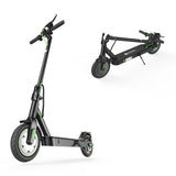 A sleek black electric scooter S9pro with green accents is shown in two positions: one standing upright and the other folded. The scooter features large wheels and a sturdy deck, highlighting its modern design.