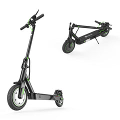 A sleek black electric scooter S9pro with green accents is shown in two positions: one standing upright and the other folded. The scooter features large wheels and a sturdy deck, highlighting its modern design.