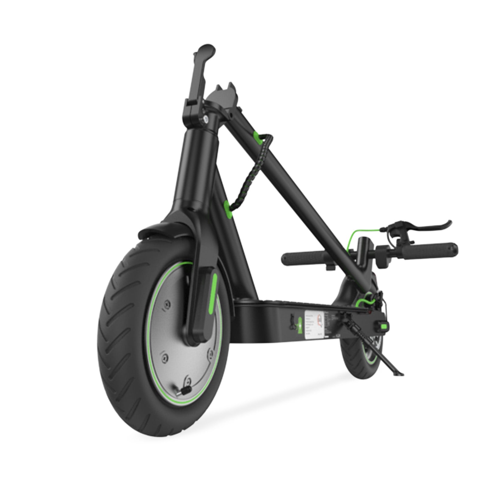 A folded state sleek black electric scooter S9pro with green accents is folded, showing its front wheel and handlebars. The scooter has a sturdy frame and a kickstand, resting on a white background.