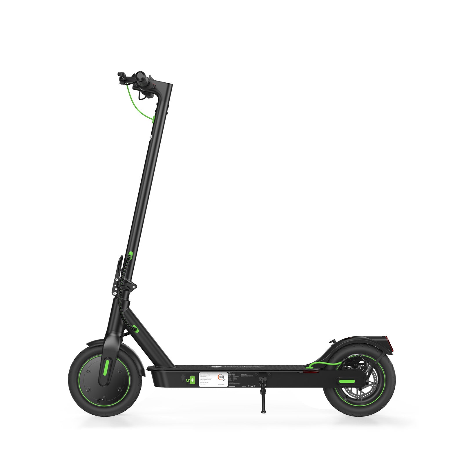 A sleek black electric scooter S9pro with green accents is shown in a side profile, featuring a sturdy frame, two wheels, and a kickstand, set against a plain white background.
